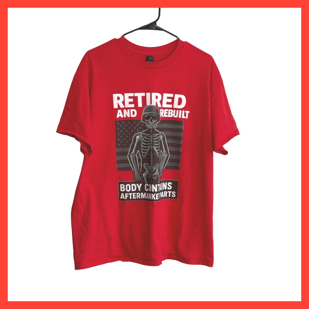 Gildan Mens XL Red Retired and Rebuilt Skeleton American Flag Graphic T-Shirt